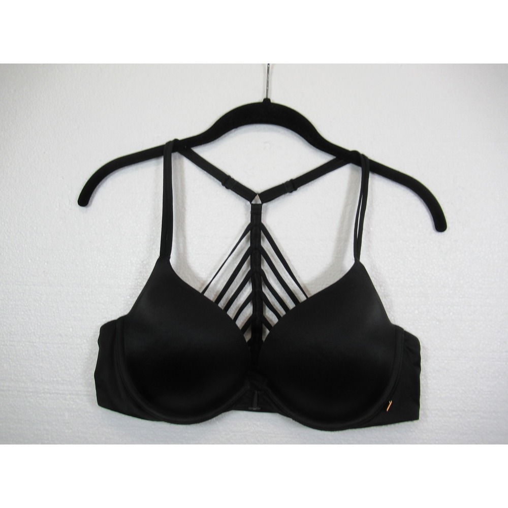 Victoria's Secret Front Close Plunge Bra 36C Black Satin Underwire Lightly Lined